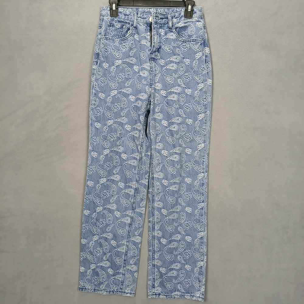 Princess Polly XX Straight Leg Jeans Womens 4 Blue White Paisley Denim High Rise